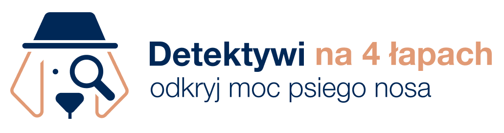 Logo Detektywi na 4 łapach przedstawiające sylwetkę psa w kapeluszu z lupą oraz napis „Detektywi na 4 łapach – odkryj moc psiego nosa”